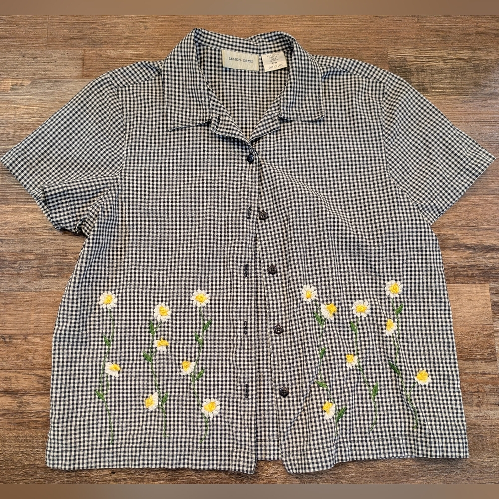 Vintage Lemon Grass Gingham Floral Print Button Down Blouse Cottagecore Sz M
